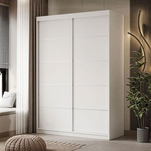 lukmebel Kleiderschrank mit Schiebetüren Camaro Plus 150x59x215 cm Schrank Weiß - Schlafzimmer Möbel - Aluminiumgriffe - Mehrzweckschrank - Flurgarderobe - Kleiderstange Schrank