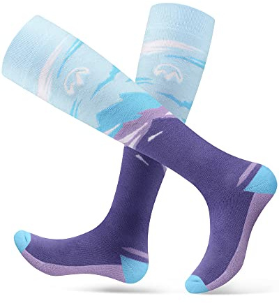 OutdoorMaster Chaussettes de ski, lot de 2 paires de chaussettes thermiques de ski et de snowboard pour femme avec design OTC avec manchette antidérapante, motifs de montagne