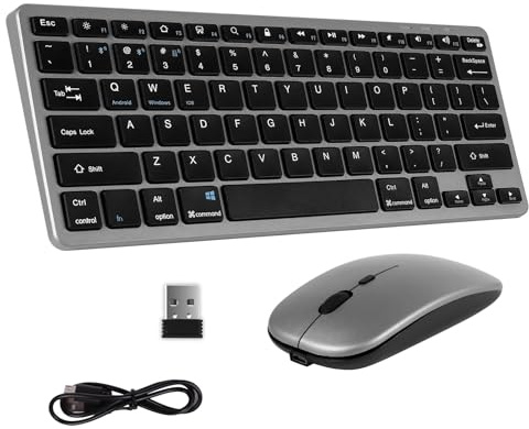 KeautFair sans Fil Double Combo Ensemble Clavier et Souris Bluetooth 2,4G QWERTY US Layout Portatif Multitâche Rechargeable Voyager Windows/iOS/Android PC/Ordinateur Portable/Smartphone/iPad(Gris)