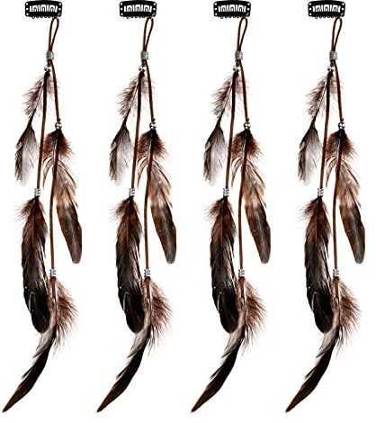 MWOOT 4 Piezas Clips de Pelo Pluma, Extensiones de Cabello Bohemios Hechas a Mano con Clips, Feather Hair Clips para Mujeres Niñas,Indio Tocado de Plumas para Halloween Festivales Party Decoración