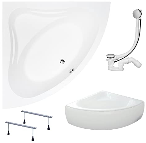 KOLMAN Badewanne MIA Eckbadewanne 130x130 mit AcrylSchürze, Ablaufgarnitur und Füßen Komplettset 4in1 Premium Original Acryl Wanne Siphon