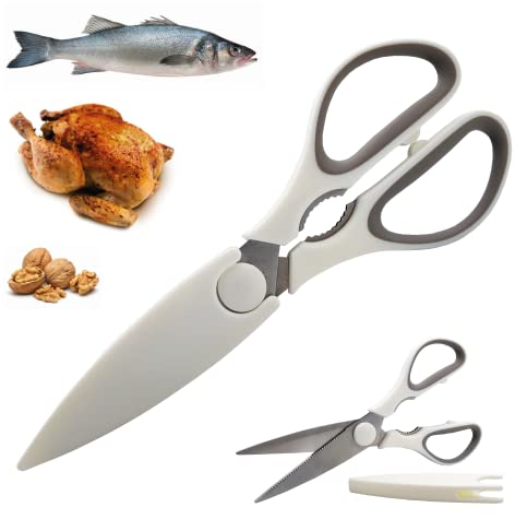 Tijeras de cocina multiusos acero inoxidable multifunción 22 cm para aves, pizza, aves, carne, pescado, verduras, huesos, nueces, Comfort Grip con cubierta de seguridad