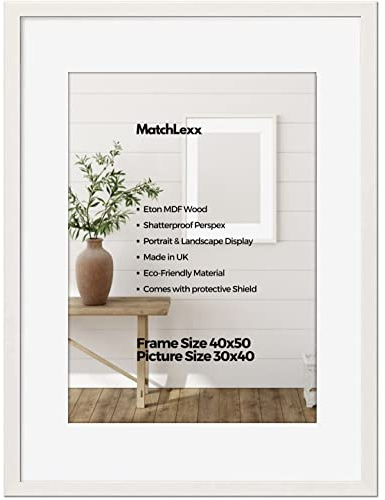 MatchLexx® Modern Wide White | 40 x 50 cm Poster Frame With White Mount 30X40 cm | Wooden Picture Frame & Polished Plexiglass | For Photos, Pictures, Canvas, Painting Portrait & Landscape