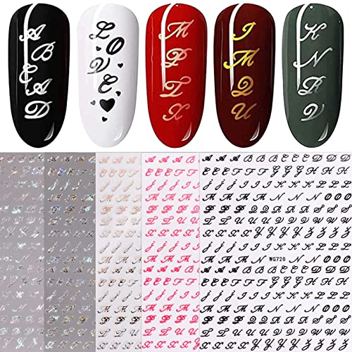 JMEOWIO Nagelsticker Glitzer Alter Buchstabe 6 Blatt Nail Art Sticker Selbstklebend Nagelaufkleber Englisches Alphabet Dekoration Nageldesign Zubehör