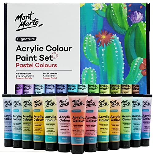 MONT MARTE Juego de pintura acrílica de color pastel, 24 unidades de 36 ml, juego de pintura acrílica pastel cremoso, buena cobertura, acabado semimate, ideal para la mayoría de superficies de arte y