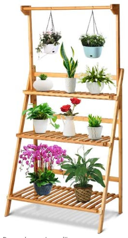 GOPLUS Plegable Estanteria Madera para Plantas, Soporte de Flores Plegable Ajustable en Altura para Jardín, Estante Decorativa de Macetas, Madera Maciza, Carbonizado 3 Capas, 70 x 40 x 120-144 cm