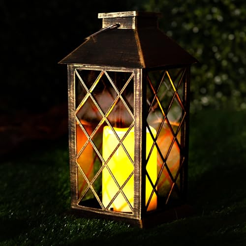 LUMILED Solarlaterne Außen Solar Laternen Draußen LED Glas Laterne Solarleuchte Kerze Flammeneffekte Kerzenlaterne IP44 Vintage Patina Hängend Dekorative Außenleuchte Gartenlampe 1 Stück