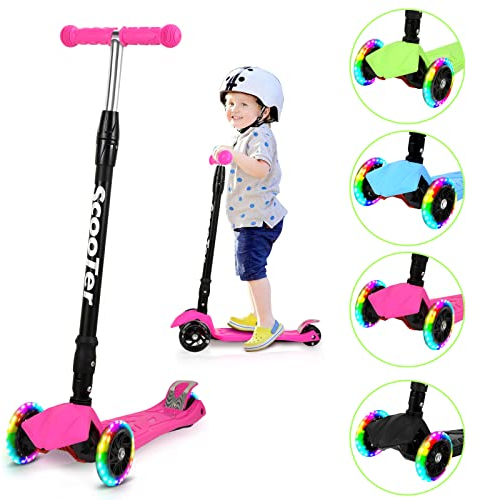 Sonnewelt Kinderroller Faltbarer Cityroller mit 3 LED-Rädern und höhenverstellbarem Lenker,Hinterbremsen,Bis 50 kg für Roller Kinder 3-14 Jahre-Rosa