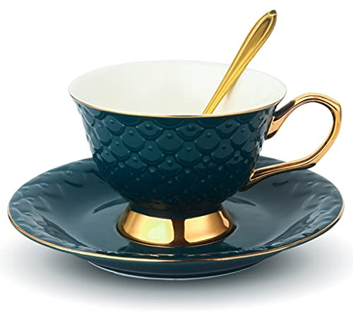 ESOUY Tasse en céramique Ensemble de Tasse à café et Soucoupe en céramique Vert foncé avec Service à thé à Fleurs à Cadre doré, pour Cappuccino, Lait, Expresso, thé, Tasse à thé au Bureau et à la