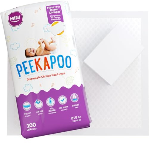 Peekapoo Mini – 100-pack engångsskötdynor för baby (45 cm x 40 cm) vattentäta foder, skötbädd skyddsmatta