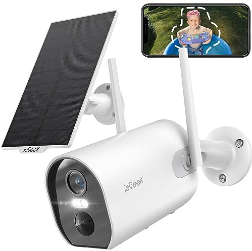 ieGeek 2K Telecamera Wi-Fi Interno/Esterno Senza Fili a Batteria con Pannello Solare Videocamera di Sorveglianza a Faretti con Visione Notturna a Colori, Allarme con Rilevazione PIR, IP65, 2 Vie Audio