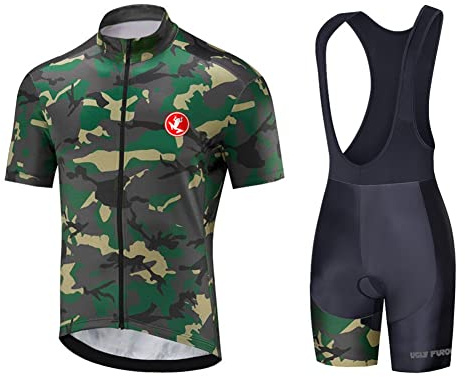 UGLY FROG Herren Fahrrad Anzüge Kurzarm Fahrrad Trikot Set Atmungsaktive Radtrikot Fahrradbekleidung Set Schnelltrocknend Radler Shirt + Radhose/Trägerhose mit Sitzpolster für Radsport