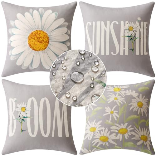 MIULEE Pack of 4er Kissenbezüge Outdoor wasserdichte Leinen Kissen wasserdichte Kissenbezug Gedruckte kissenhülle Für Zelt Park Bett Sofa Stuhl Schlafzimmer Dekorativ Balkon 50x50cm Grau Blümchen