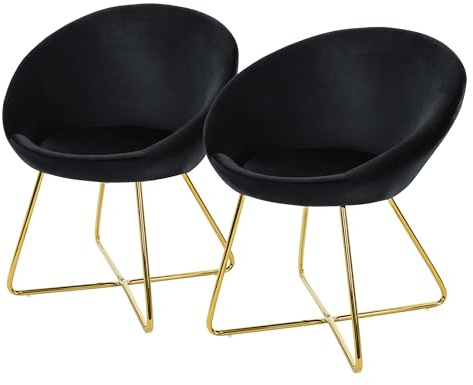 ML-Design Esszimmerstühle 2er Set Samt, Schwarz, Wohnzimmerstuhl mit runder Rückenlehne, Polsterstuhl mit goldene Metallbeine, Ergonomische Esstisch Sessel, Küchenstuhl Schalenstuhl Schminktisch Stuhl