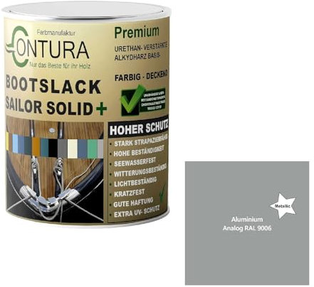 Contura Bootslack Farbig SEIDENMATT Yacht- Buntlack Metall Holz GFK Holzlack Boot Farblos (Aluminium - RAL 9006 Metallic, 500ml.)