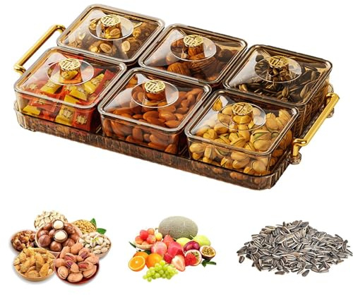 Plateau de service compartimenté – Plateau d'apéritif | Portable Transparent Moderne Léger Luxe Antidérapant Divisé Snack Plateau avec couvercle et compartiment amovible pour bonbons, fruits,