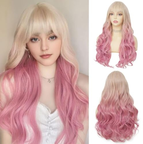 Salaibs Frauen Blonde bis Rosa Lockige Lange Perücke mit Bangs Wellige Welle Ombre Rosa 24 Zoll Haar Perücke Hitzebeständige Synthetische Faser Cosplay Perücken