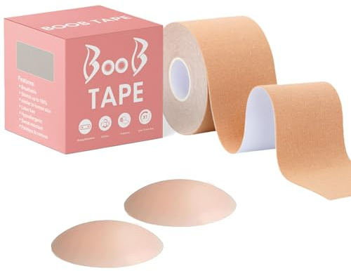 Semazz Boob Tape Set,5cm*5m Boobtapes with 2 PCS Reusable Nipple Covers Booby Body Tape for Lift & Support Self-Adhesive Strapless Boobtapes Invisible Bra for Women Large Breasts A-G Cup