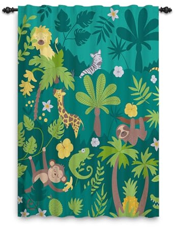 ggaimwf Cortinas Jungle Safari con Pliegues Tipo lápiz Animales Bosque Tropical Zoológico de Dibujos Animados Cortina de Ventana para Dormitorio de niños Sala de Juegos Infantil 107x160cm 1 Panel