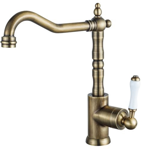 EGTink Robinet de Cuisine Antique,Mitigeur Robinet de Cuisine en Laiton,Rétro Robinetterie de Lavabo Salle de Bain,Rotatif à 360 °,Mitigeur Chaud et Froid (Laiton Vieilli)