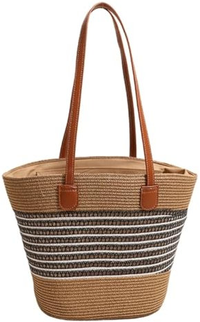SUBLXPoten Strohtasche Runde Strohtasche mit großem Fassungsvermögen, handgewebte Strandtasche mit Reißverschluss, Umhängetasche, Handtasche for Damen(A)