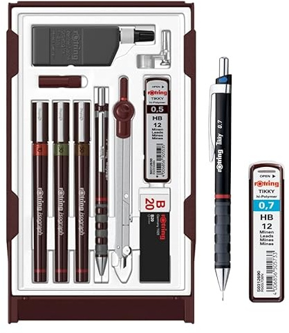 Rohrer & Graphitaufman Isograph Fineliner 0,10mm, 0,30mm, 0,50mm, Druckbleistift 0,5mm, Zirkel & Zubehör, 10-Teiliges Etui | Bleistift 0,7mm
