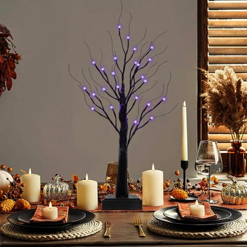 TaoQ C 68 cm Halloween nero albero, nero Spooky albero con 24 LED luci viola e arancione Albero di Halloween per Festa del Terrore interni casa camino tavolo decorazione vacanze