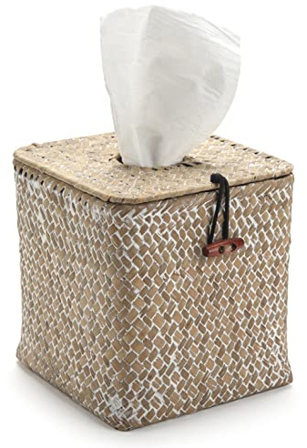 Tissue Box Cover Square, Seagrass Tissue Box Holder, Woven Facial Tissue Holder, Decorative Rattan Wicker Tissue Cover for Dinner Table, Living Room, Bathroom, Bedroom, Office (Whitewash)