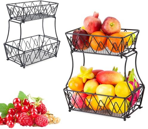ARBGO Corbeille à fruits à 2 étages - En métal - Rectangulaire - Pour fruits, légumes, pain, collations - Noir