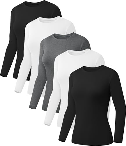 Kinglaman 5 Pack Womens Basic Long Sleeve Shirts Crew Neck Slim-Fit Fitted T Shirts Tops Undershirts Underscrub Baselayer 2 Black 2 White 1 Heather Grey Large