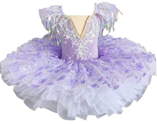 OTMYIGO Lila,140, Mädchen Tutu Kleid Quaste Ballerina Tanzbekleidung Schwanensee Ballett Wettkampfkleid Eiskunstlauf Tanzbekleidung Show Outfit