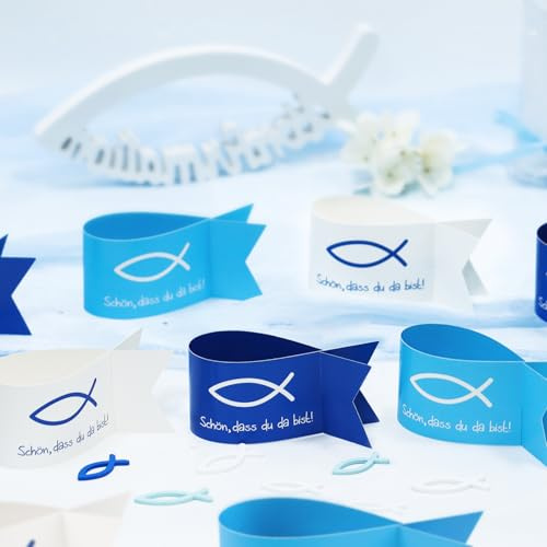 MEJOSER 36 Stück Tischdeko Fische Taufe Kommunion Konfirmation Deko Tisch Blau Weiß Firmung Erstkommunion Deko Junge DIY Basteln Schön dass du da bist Geschenke