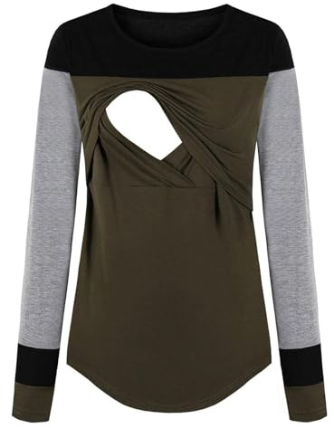 AJMDGW moderskap rund hals rand lappverk långärmad bröstmatning gravid kvinna amningsblus toppar t-shirt, Z02 Grön, XXL