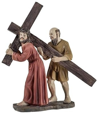 Figura de Jesus con el Cirineo llevando la Cruz de Resina Pintado a Mano de 14 cm
