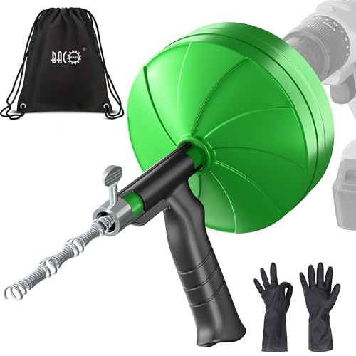 BACOENG 50Ft Drain Auger, Heavy Duty Plumbing Snake with Drill Adapter, Use Manually or Powered for Drain Clog, Shower Sink, Comes with Gloves and Bag (Green)