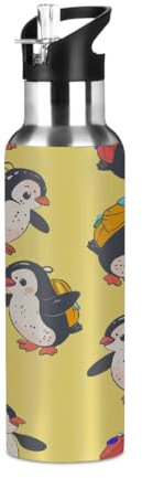 Woltant Borraccia termica in acciaio inox con pinguini e zaini, 600 ml, borraccia sportiva con cannuccia, a prova di perdite, per lavoro, viaggi, palestra