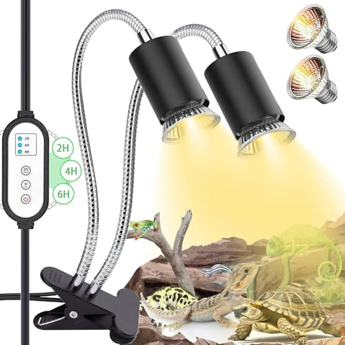 TOPRUNYI Lampade riscaldanti per rettili, con 2 lampadine E27 UVB/UVA da 50 W, a doppia testa con timer, angolo di illuminazione regolabile, per rettili, tartarughe, uccelli, camaleonte