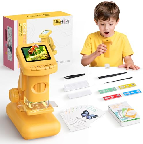 1200X Microscope for Kids, 2 in 1 Handheld & Desktop Digital Microscope with 9 Slides Science Kit, Portable Microscope HD Screen Video Record, STEM Educational Toys Gifts for Ages 3-12 Boys Girls