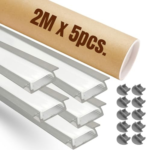 Evotrade – Confezione Promo 2M x 5 Profili LED in Alluminio ad Incasso con Cover per Strisce LED e Tappi, Illuminazione Interni e Mobili, Installazione Facile - Color Alluminio