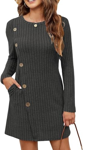 Koerye Vestido para Mujer Invierno Casual Manga Larga Vestidos Suéter Elegante Midi con Cuello Redondo Vestido Túnica con Botones Laterales y Bolsillos Gris,M