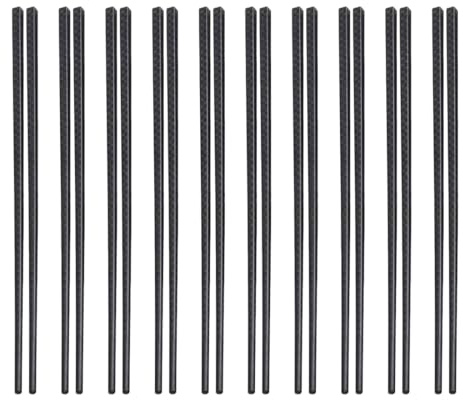 KEQAR 10 Paia Bacchette Riutilizzabili Lavabili in Lavastoviglie, Antiscivolo in Lega per Cucina Cinese e Sushi Giapponese (24CM) (Nero)