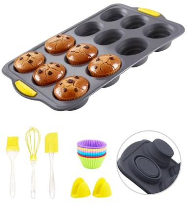 12-Cups Foldable Silicone Muffin Pan with Metal Reinforced Frame - Non-Stick Heat-Resistant Baking Mold for Muffins, Cupcakes, Mini Treats - Easy Storage Silicone Baking Pan, 7-Piece Baking Set