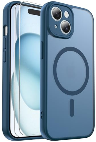 Ezanmull for iPhone 15 Case Magnetic Shockproof, Full Camera Protection, Fit for MagSafe, with Screen Protector X2, Translucent Anti-Fingerprint Case for iPhone 15 (Blue)