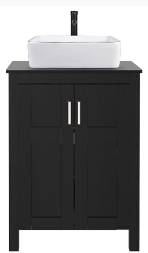 ARTETHYS Bathroom Vanity Units with Ceramic Rectangle White Basin | 60cm Black Bathroom Sink Cabinet Free Standing