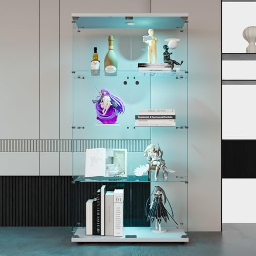 Glasvitrinskåp med LED i vitt, skåp för samling vitrinskåp med 2 dörrar vitrinskåp i glas, vitrinskåp, figur, glasvitrinskåp, vardagsrum med 4 hyllor av ESG för samlarobjekt böcker, 164 x 42,5 x 80,5