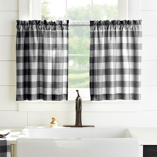Elrene Buffalo - Juego de estantes de Cocina para Ventana, 100% algodón, Negro/Blanco, 76,2 x 91,4 cm, Juego de 2