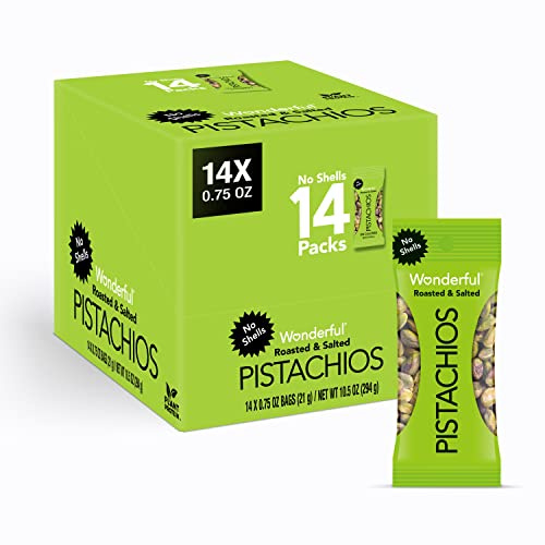 Wonderful Pistachios No Shells, Roasted & Salted Nuts, 0.75 Ounce Bag (Pack of 14), Protein Snacks, Vegan Snacks, On-the-Go, Individual Snacks for Adults