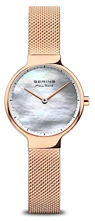 Bering Damen Quarz Uhr | Armbanduhr 27 mm Edelstahlgehäuse und Perlmutt Zifferblatt | Milanaisearmband | Saphierglas | 5 ATM | 15527