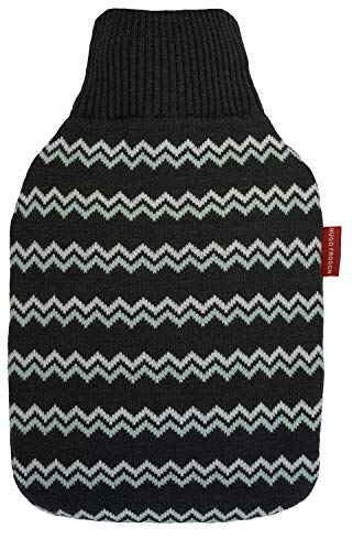 Hugo Frosch Wärmflasche Klassik 1,8l – Made in Germany – mit weichem Strickbezug Grau im Zick-Zack-Muster – große, auslaufsichere & geruchsneutrale Bettflasche – mit waschbarem Bezug