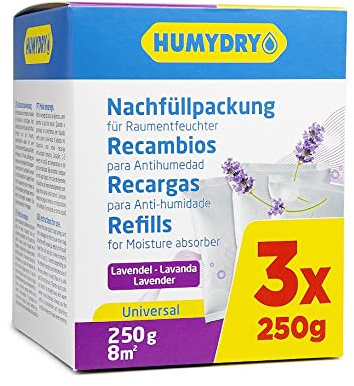 3×250 g Anti-Feuchtigkeit-Nachfüllungen – 3er-Pack Absorptionsbeutel für Luftentfeuchter – Kontrolliert Feuchtigkeit und Gerüche – Kompatibel mit Humydry Compact 250 g – Für Räume bis 8 m² –